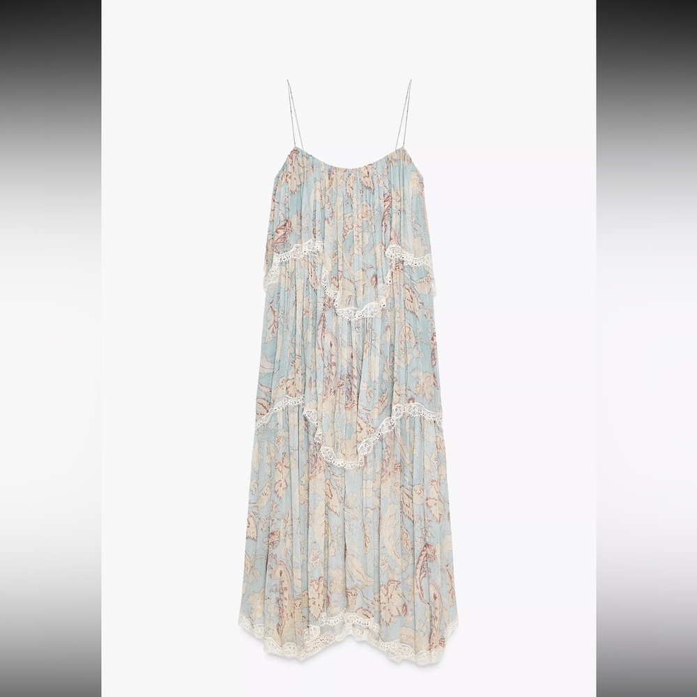 Zara Light Blue Floral LACE TRIM RUFFLE DRESS